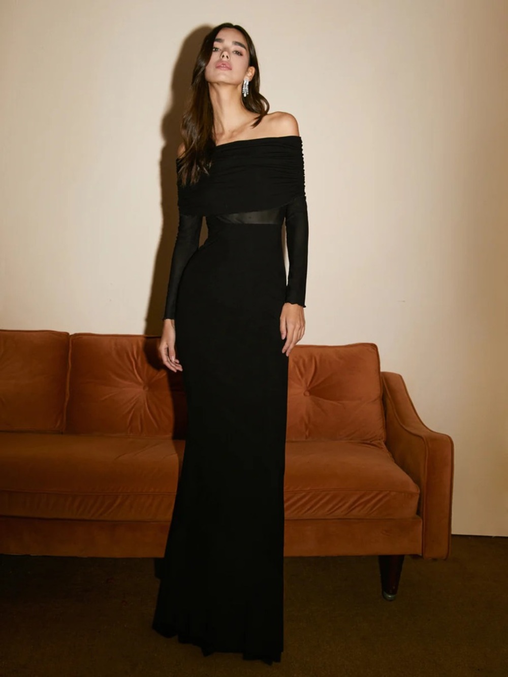 Semi Sheer New with Tags Off-Shoulder Long Sleeve Black Evening Dress Size Large - Picture 2 of 3